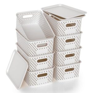 ZFTMRR Plastic Storage Bins with Lid, Stackable Small Box Basket for Organizing and Containers for Shelves Drawers Desktop Closet Playroom Pantry Classroom Office Home, 8-pack 10.2x7.2x4.1 Inch, White