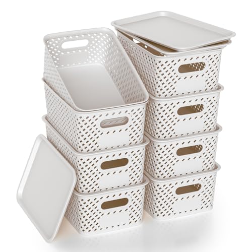 ZFTMRR Plastic Storage Bins with Lid, Stackable Small Box Basket for Organizing and Containers for Shelves Drawers Desktop Closet Playroom Pantry Classroom Office Home, 8-pack 10.2x7.2x4.1 Inch, White