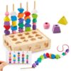 ZGIMI 3 in 1 Montessori Wooden Toys, Lacing Beads & Stacking Blocks & Shape Sorter Sequencing Toy Set, STEM Preschool Educational Learning Fine Motor Skills Toys for Toddlers 3 4 5 Years Gifts
