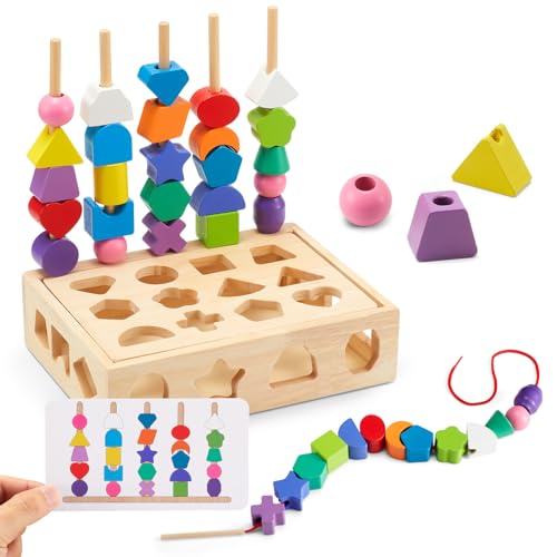 ZGIMI 3 in 1 Montessori Wooden Toys, Lacing Beads & Stacking Blocks & Shape Sorter Sequencing Toy Set, STEM Preschool Educational Learning Fine Motor Skills Toys for Toddlers 3 4 5 Years Gifts