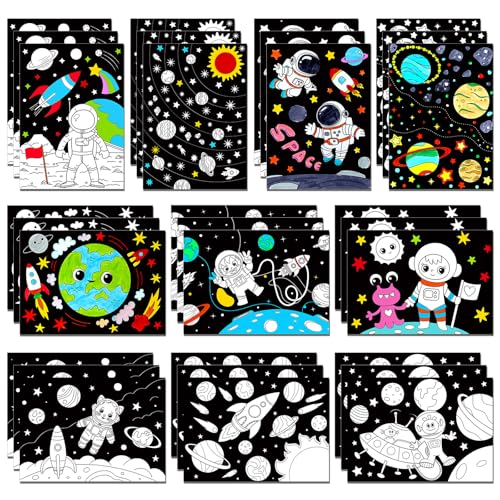 Zhanmai 30 Pcs Color Your Own Funny Outer Space Crafts DIY Posters Star Planet Astronaut Instrument Space Stickers Bulk Wall Poster DIY Art Crafts for Party Home Activities