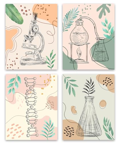 ZHAXFA Science Wall Art Canvas Prints,Biochemical Science Art poster,Microbiology Chemistry Wall Prints,Boho Classroom Wall Art,School Laboratory Decoration Set of 4 (Unframed 8x10 inches)