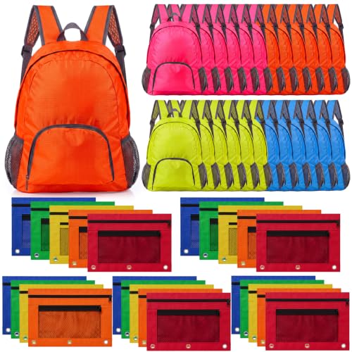 Zhehao 24 Pack Kids Backpacks Bulk 16 Inch and 24 Pcs Zipper Pencil Pouch for 3 Ring Binder, Back to School Supplies Kits for Boys Girls Students K-12 School Essentials, Assorted Colors