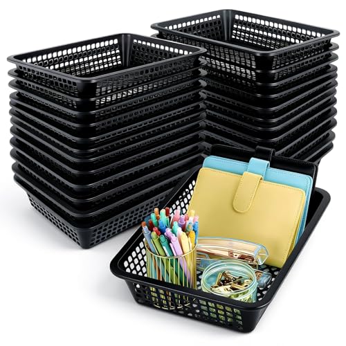 Zhehao 24 Pcs Paper Organizer Basket Bulk 13.6 x 10.2 x 3.3 Inch Classroom Plastic Mesh Bins Organization Storage Trays Classroom Office Home Baskets for Papers Crayon Pencils Toy File(Black)