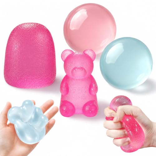 Zhgood Squishy Fidget Toys Bundle, 4 Pack Stress Relief Toys Set with Pink Bear, Pink Gumdrop & Coconut Squishies, Slow Rising Sensory Squeeze Toys for Kids Adults, Classroom Prizes Birthday Gifts