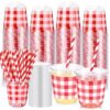 Ziliny 100 Sets 16oz Red Checkered Clear Plastic Cups with Lids and Straws, Disposable Party Checkered Cups for Birthday Party Wedding Baby Shower Racing Car Themed Parties Family Gathering Christmas