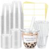 Ziliny 100 Sets Clear Plastic Cups with Lids, Straws and Stickers, Disposable Iced Coffee Cups Thickened PET for Iced Coffee, Bubble Tea, Smoothie, Cold Drinks, Juice, Shops (10oz)
