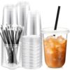 Ziliny 200 Set Clear Plastic Cups with Lids and Straws, Disposable Iced Coffee PET Cups for Drinking Cold Beverage Juice Parfait Smoothie Milkshake Coffee Shops Party Supplies (16 oz)