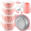Ziliny 4 Pcs Mixing Bowls with Lids Plastic Nesting Bowls Set with Stainless Steel Colander 8 Pcs Measuring Cups and Spoons Set and Foldable Kitchen Funnel for Kitchen Cooking Accessories (Pink)