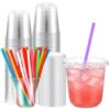 Ziliny 50 Pack 10 oz Plastic Cups with Lids and Straws Clear Disposable Round Bottom Coffee Cups for Iced Coffee, Cold Drinks, Juice, Smoothies, Milkshakes
