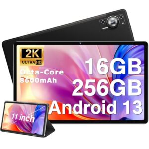 ZIOVO Tablet 11 inch, Octa-Core 2.0GHz, 16GB RAM+256GB ROM+1TB Expand, 2K 2000 x 1200 FHD Display, 8600mAh, 13MP+5MP Camera, Android 13 Tablets, Dual Wi-Fi/Bluetooth/with Case-Black
