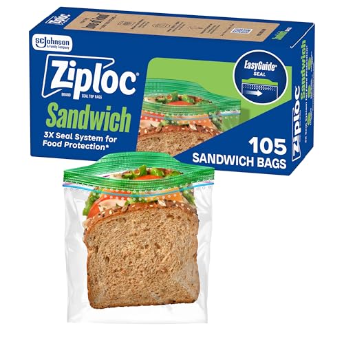 Ziploc Sandwich and Snack Bags with EasyGuide Texture, Plastic Storage Bags with Grip 'n Seal Technology, 105_Bags (Pack of 12)