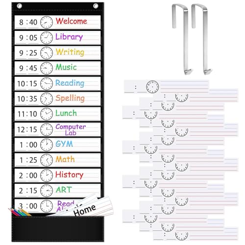 ZKOO Daily Schedule Pocket Chart for Kids, 13+1 Pocket Visual Schedule for Autism ADHD Classroom, 18 Reusable Double-Sided Dry-Erase Cards, Homeschool Special Education Routine Chart (Black)