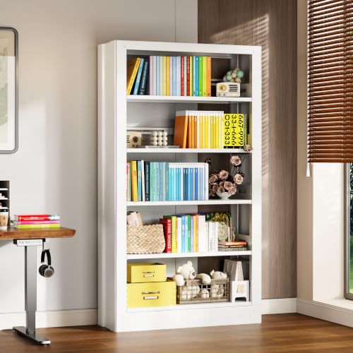 ZLBRDS 71" Metal Bookshelf,5 Tier Black Bookshelf with Adjustable Shelves,Heavy Duty Bookshelves and Bookcases,Tall Bookcase for Living Room,Library,Office,Including Book Stopper (White, 37.4" Wide)