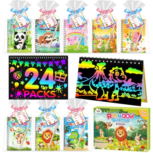 ZMLM 24 Pack Rainbow Scratch Art Party Favors for Kids 4-8 - Mess-Free Birthday Goodie Bags Stuffers, Classroom Prizes Grades 1–3 Creative Paper Notebooks for Pre-K Kindergarten Gifts (Animal, 24)