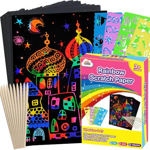 ZMLM Rainbow Scratch Paper Art Crafts, 100PCS Rainbow Scratch Paper Art for 3 4 5 6 7 8 9 Years Old Girls Boys, Arts and Crafts for Kids 4-6, Birthday Gifts Toys and Party Favors (Pink)