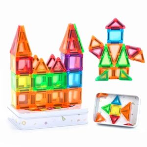 ZNZ Mini Magnetic Tiles 48PCS Travel Set with Case, Portable Magnetic Blocks Building Toys, Montessori Preschool Classroom Must Haves Sensory STEM Toys, Birthday Gift for Boys Girls Ages 3-8