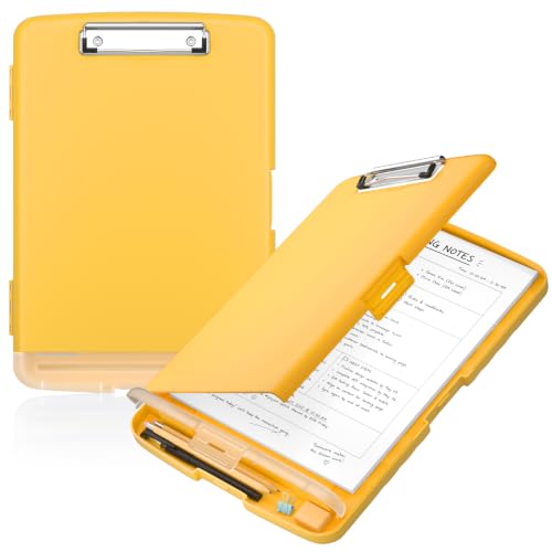 Zoenley Clipboard with Storage, 8.5 x 11'' Letter Size Paper Folder with Pen Holder, High Capacity Side-Opening Case, Heavy Duty Plastic Clip Board Storage for Teachers, Students, Office,Yellow