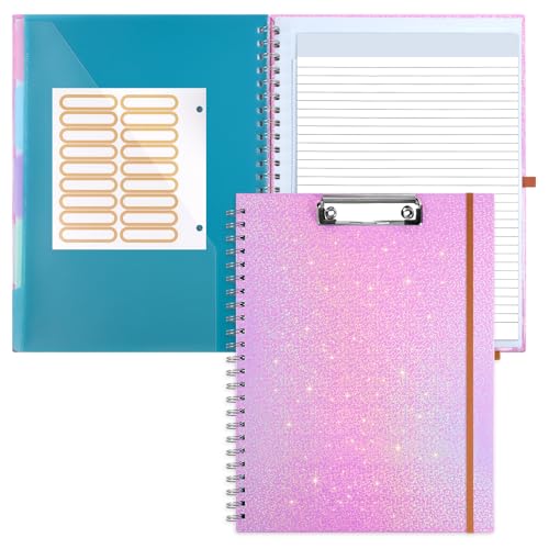 Zoenley Glitter Clipboard Notebook with Storage for Letter Size, 8.5 x 11 Notepad Holder with 5 Folders and Dividers, Size 12.8X 9.7 in, Spiral Portfolio for Nursing Teacher School Supplies,Purple