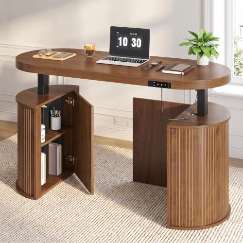 zofiauai Mid Century Modern Electric Standing Desk, 55 x 22 Inch Sit Stand Up Desk with Storage, 2 Doors, Wooden Adjustable Height Computer Executive Desk for Home Office, Walnut