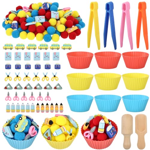 Zoketriton 183 Pcs Back to School Sensory Bin Fillers Decorations, Pom Poms Sensory Bin Filler, Notebooks Cup Scissors, Rulers, Erasers, Books, School Bags for Preschool Education Activities