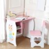 ZOMEYLPO Kids Desk and Chair Set Wooden Study Table and Chair with Storage Shelf 23.62 x 15.75 x 23.62in White Pink Cat Design for Children Home School Bedroom (Pink White)