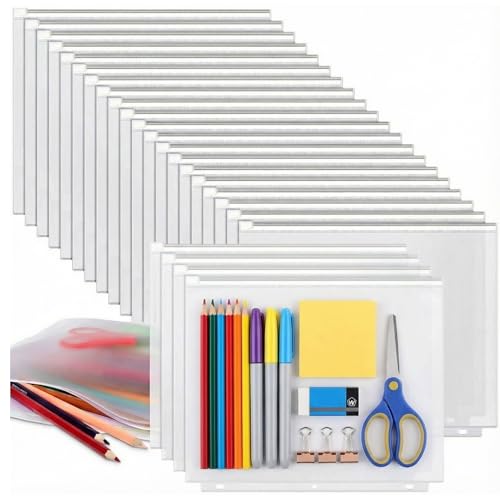 Zonon 30 Pcs A4 3 Rings Tansparent Zipper Binder Pouches Clear Binder Pockets with Zipper Folders Waterproof PVC Loose Leaf Bags Filling Bags for Pen Pencil Notebooks File Document