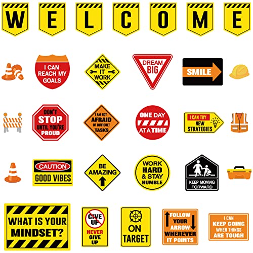 Zonon 36 Pcs Construction Bulletin Board Decorations Welcome Classroom Sign Positive Poster Banner Motivational Sign Cutouts for Pre School Elementary School Teacher Workplace Educational Wall Decor