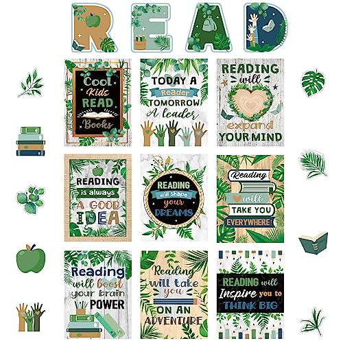 Zonon 45 PCS Reading Bulletin Board Poster Eucalyptus Classroom Decorations Boho Greenery Bulletin Board Motivational Elementary Educational Prints Poster for Teachers Kindergarten Preschool Library