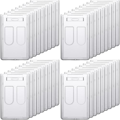Zonon 60 Pcs Hard Plastic 2 Card Holder Clear Hard Plastic Case Protector Heavy Duty Waterproof Transparent ID Badge Holders with Thumb Slot for Office School IDs Credit Cards (Vertical)