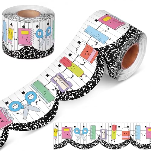 Zonon 65ft School Supplies Bulletin Board Border Cartoon Stationery Composition Classroom Scalloped Border Trim Classroom Bulletin Board Decorations for School Office DIY Crafts