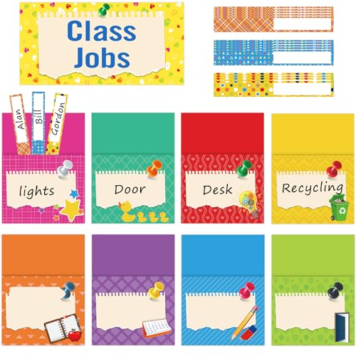 Zonon 75 Pcs Class Jobs Bulletin Board Colorful Class Jobs Pocket Chart Set Teacher's Helper Chalkboard Decor Classroom Bulletin Board Decoration for Back to School(Bright Style)