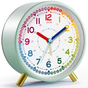 Zonopy Kids Alarm Clock, Silent Non-Ticking, Analog Learning Clock for School Beginners, Stylish Round Metal Clock, Battery Operated, Loud Ringing Kids Back to School Gifts