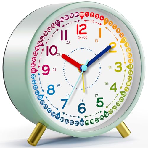 Zonopy Kids Alarm Clock, Silent Non-Ticking, Analog Learning Clock for School Beginners, Stylish Round Metal Clock, Battery Operated, Loud Ringing Kids Back to School Gifts