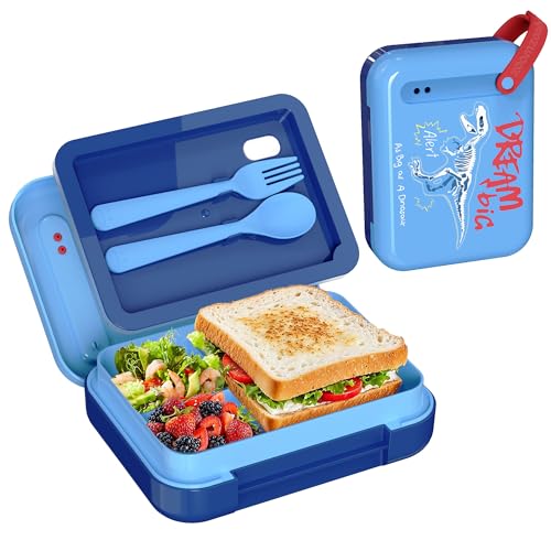 zoomzoobox Kids Bento Lunch Box for Boys & Girls – 4-Compartment Leak-Proof Lunch Container with Hidden Silicone Handle, Lightweight, BPA-Free, 855ml for School & Travel (Dinosaur)