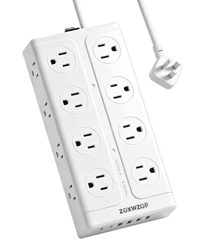 Zoxwzop Surge Protector Power Strip, Flat Plug Extension Cord 6Ft with 6 USB (2 USB C) 16 Outlets, 1850J Protection, 4 Sided Multiple Wall Outlet Extender, for Home, Dorm Room Essentials, ETL
