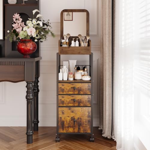 ZQUYAJ Makeup Organizer Cart with Vanity Mirror, Floor Skincare Organizers Make Up Organizers-Vanity Organizer Cosmetic Display Cases Holder for Skin Care Perfume Nail Polish Brush Hair Tool (Black)