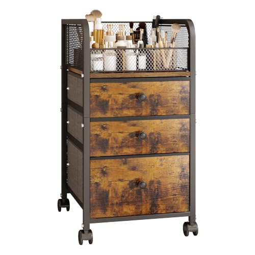 ZQUYAJ Rolling Makeup Vanity Cart, Makeup Organizer with Drawers, Rolling Makeup Bathroom Storage Cart, Cosmetic Vanity Display Cases Holder for Nail Polish Brush Hair Tool (Black)