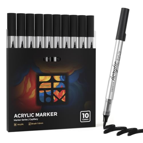 ZSCM Black Acrylic Paint Markers, 10 Pack Direct Liquid Automatic Ink Control Acrylic Paint Pens, Water Based Brush Tip, No Bleed for Rock, Wood, Canvas, Glass, Pumpkin, Christmas Art, DIY