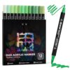 ZSCM QUALITY DECIDES THE FUTURE 12 Green Acrylic Paint Markers, Dual Tip Acrylic Brush Pens with Fine Tip & Brush Point, Fresh Green Acrylic Markers for Wood Canvas Stone Glass Rock Painting