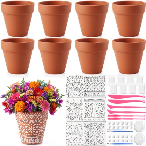 Zubebe 26 Pcs Ceramic to Paint Your Own Mexican Terracotta Pots Set 8 Cantaritos De Barro 8 White Clay 6 Mexicanos Talavera Stencil 2 Clay Tool Set 2 Paint Kit Halloween Day of the Dead Gift (Classic)