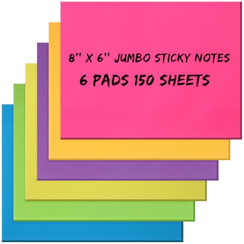 Zubebe 6 Pads Sticky Notes 8 x 6 Inch Bright Colors Large Self Stick Note Sticky Pads Square Memo Post Stickies for Home Office School, 25 Sheets/pad