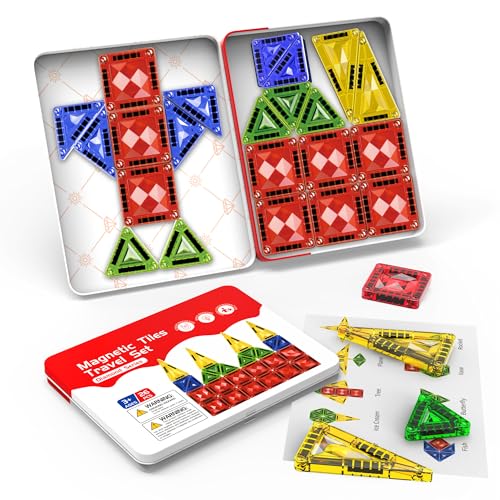 Zupooko Mini Magnetic Tiles for Kids Ages 3-8, Travel Magnetic Building Blocks with Metal Storage Box, STEM Educational Toys, Montessori Sensory Learning Toys for Toddlers, Gift for Boys & Girls