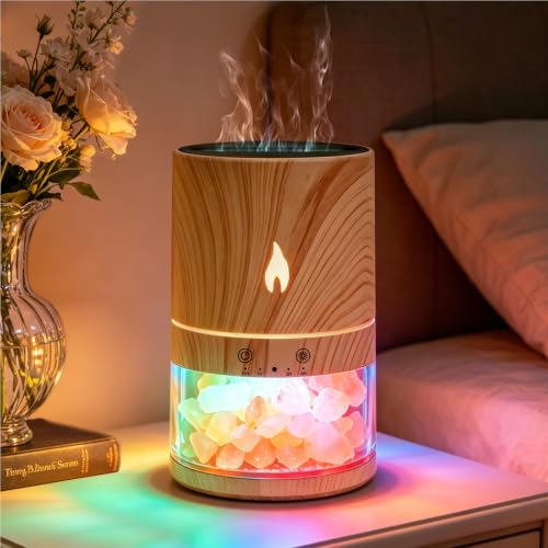 ZWH 5-in-1 Flame Himalayan Salt Lamp Ultrasonic Essential Oil Diffuser, Cool Mist Humidifier, 1H/3H/6H Timer, Auto Shut-Off, Quiet Aromatherapy, 100% Pure Salt Crystals, 250ml (Wood)