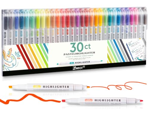 ZWIOT Pastel Highlighters, 30 Count Dual Tip Highlighter Markers, Fine Tip & Chisel Tip, No Bleed Quick Dry Non-Toxic Ink, Aesthetic Bible Highlighters for Journaling, School, Office & Study Notes