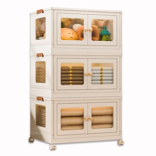 ZXFNVXC Plastic Storage Box with Lid, Clear Storage Box with Lids Wheels Front Door Open, Large Stackable Storage Bins Container, for Living Room Snacks Kitchen Bedroom Bathroom