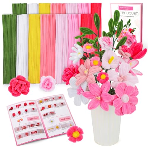 ZXIIXZ 550 Pcs Pink Pipe Cleaners Craft, 7 Colors Pipe Cleaners Craft Flower Kit, Chenille Stems Pipe Cleaner Bulk with Tutorial, Flowers DIY Craft Supplies for Festivals Decorations