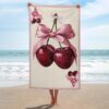 zxxpensy Playing Card Two Red Cherries with Pink Satin Bow Beach Towel Sand Free Microfiber Large Shower Towels Multipurpose Absorbent for Bathroom Pool 52x32 Inch
