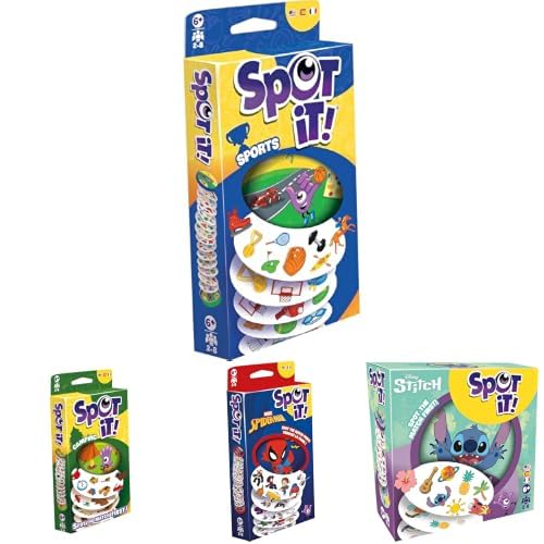 Zygomatic Spot It! Family Adventure 4-Pack Fun Pack: Disney Stitch, Marvel Spider-Man, Camping, and Sports Card Games – Portable Travel Games for Kids, Teens, and Families – Ages 6+