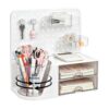 ZZFENGKR Desk Organizer with 360° Rotating Pen Holder, 5 Slots, 2 Drawers & Pegboard for Office School Art Supplies (White)